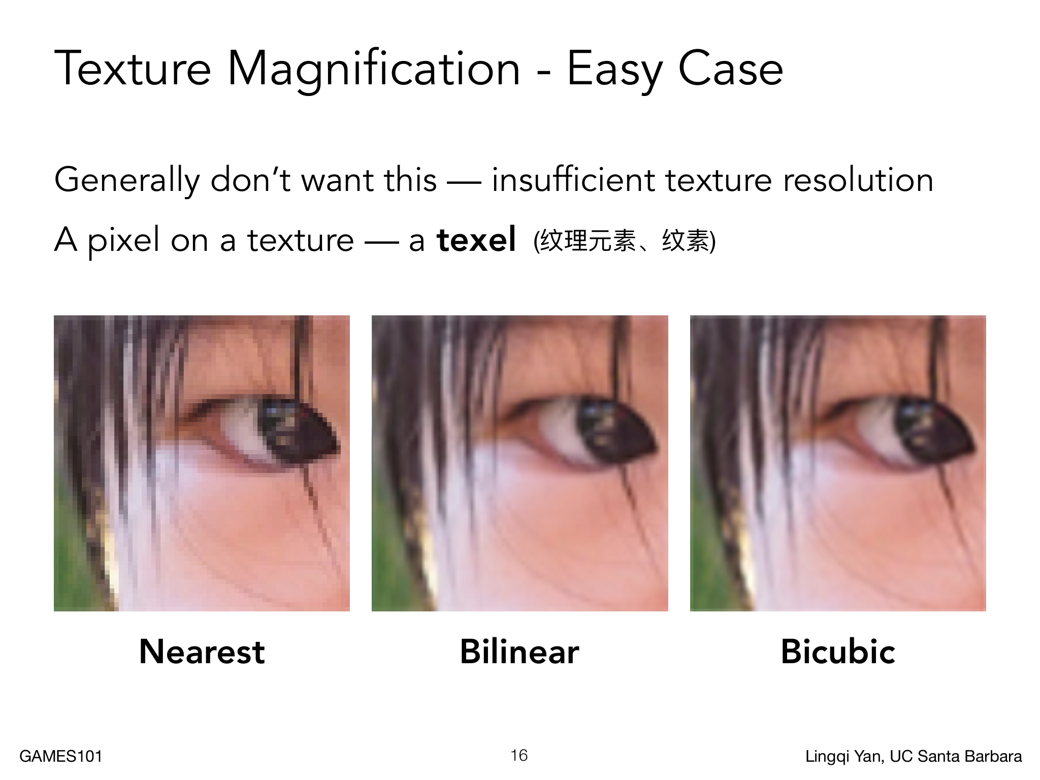 Nearest 产生块状边缘，Bilinear 平滑四邻域，Bicubic 使用更大邻域重建细节