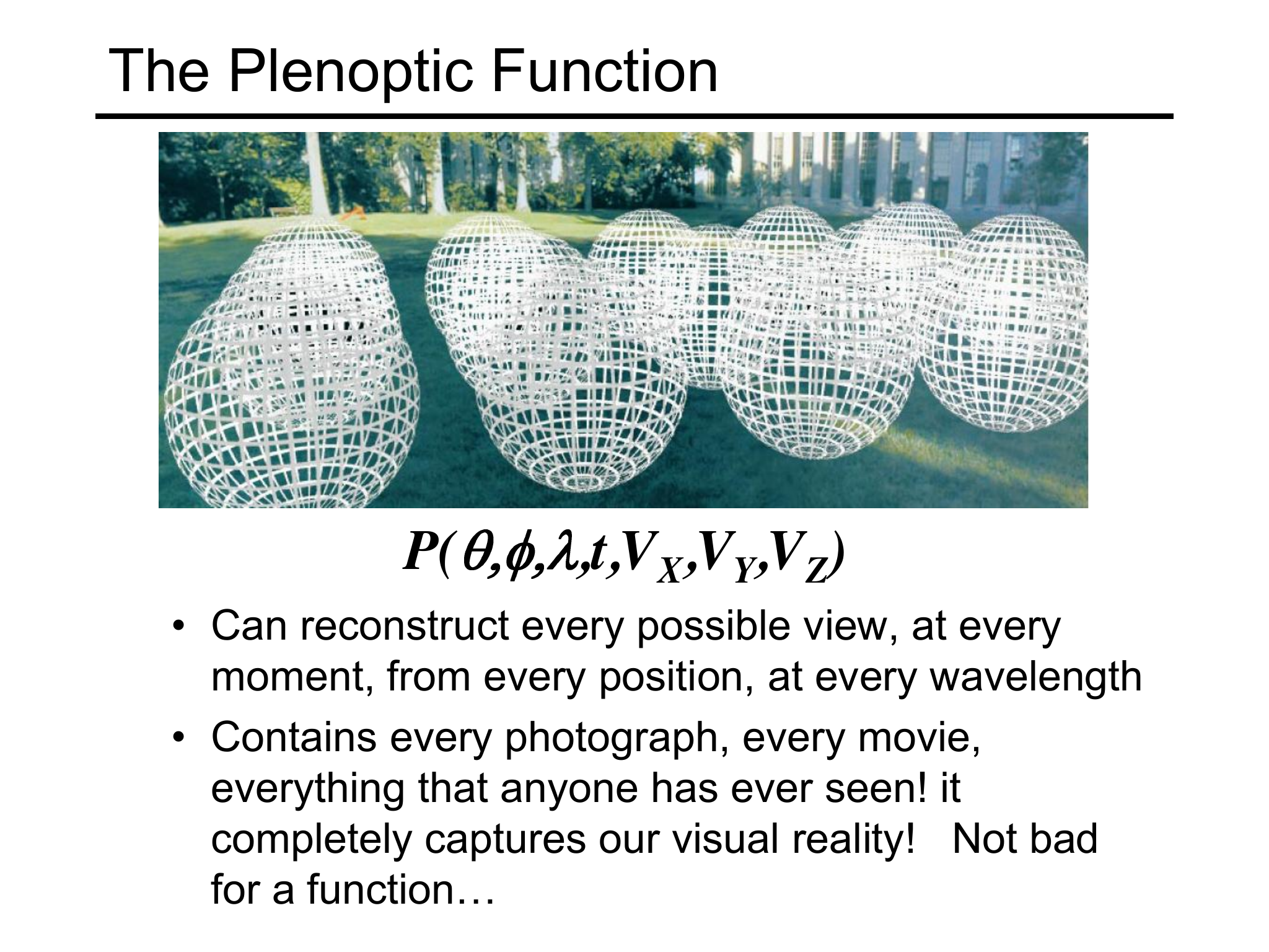 Plenoptic Function 同时记录位置、方向、波长与时间